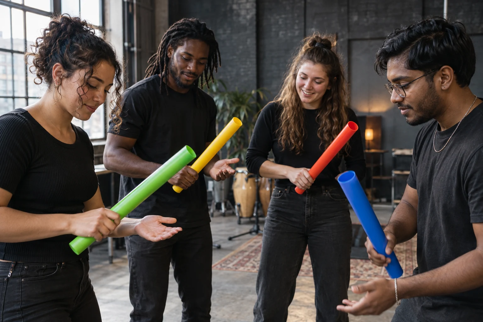 Sfeerbeeld: samen ritme maken met kleurrijke boomwhackers