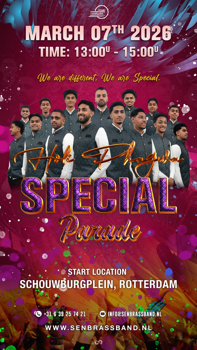 Flyer Holi Phagwa Special Parade, 7 maart 2026, start Schouwburgplein Rotterdam